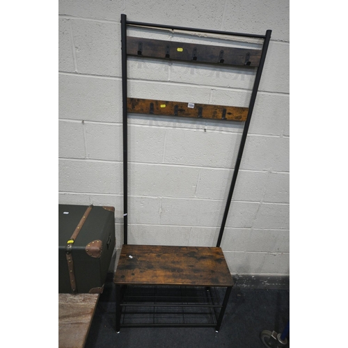 1224 - A MODERN WOOD AND METAL COAT/HAT STAND, with seat and shoe rack, width 70cm x depth 33cm x height 17... 