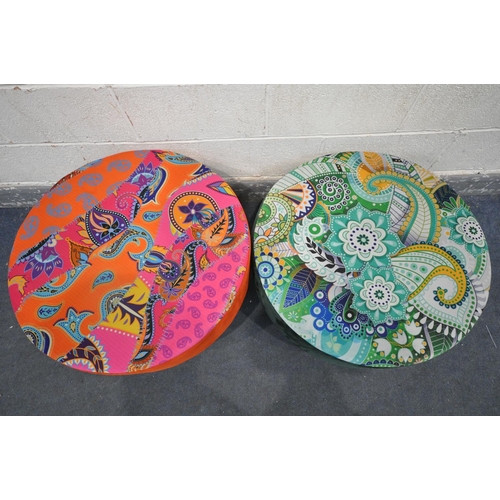 1227 - TWO SIMILAR ABSTRACT VELVET FOOTSTOOL, on hairpin legs, diameter 70cm x height 49cm (condition:-good... 