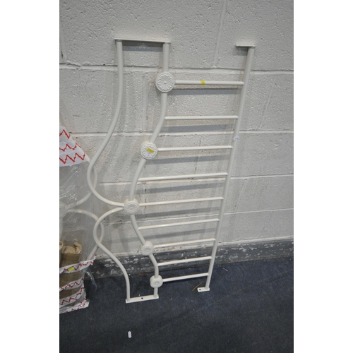 1228 - A WHITE METAL SINGLE BED STEAD, with two sealed packets of slats (unknown if all bolts are present)