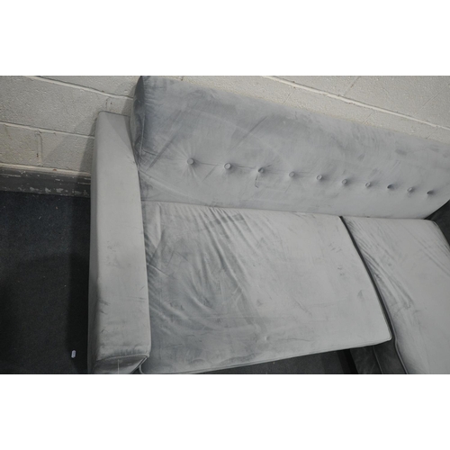 1229 - A GREY VELVET CORNER SOFA, length 206cm x depth 144cm x height 77cm (good condition)