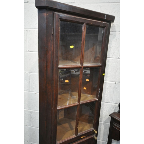 1237 - AN EDWARDIAN MAHOGANY CORNER CUPBOARD, with foliate and scrolled pediment, two beveled mirrors, abov... 