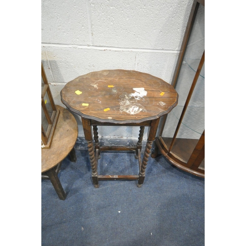 1239 - A MID CENTURY WALNUT DEMI LUNE SINGLE DOOR DISPLAY CABINET, with two glass shelves, on cabriole legs... 