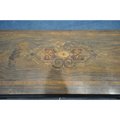 1251 - A 19TH CENTURY ROSEWOOD AND INLAID CASE FOR A CYLINDER MUSIC BOX, length 87cm x depth 34cm x height ... 