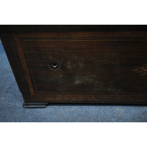 1251 - A 19TH CENTURY ROSEWOOD AND INLAID CASE FOR A CYLINDER MUSIC BOX, length 87cm x depth 34cm x height ... 