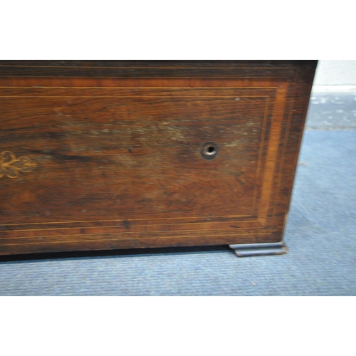 1251 - A 19TH CENTURY ROSEWOOD AND INLAID CASE FOR A CYLINDER MUSIC BOX, length 87cm x depth 34cm x height ... 