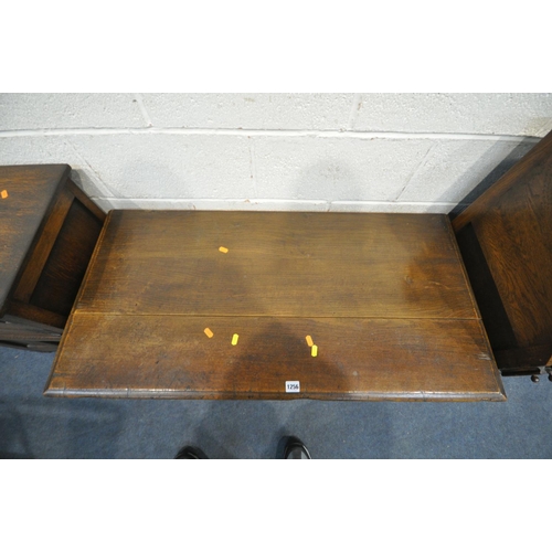 1256 - A 20TH CENTURY OAK BLANKET BOX, with a single hinged top, three paneled archways to front, width 107... 