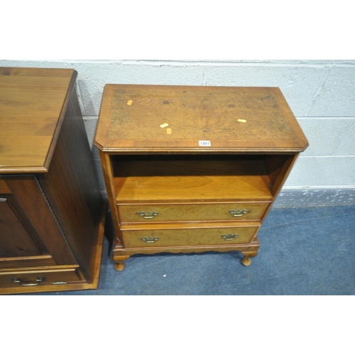 1257 - A KEAN AND SCOTT BURR WALNUT CABINET, with a single storage shelf and two drawers, on cabriole legs,... 