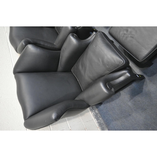 1262 - TWO BLACK LEATHER ARMCHAIRS, largest width 89cm x depth 84cm x height 109cm, along with a pair of fo... 