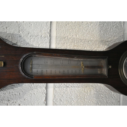 1273 - AN OAK CASED BANJO BAROMETER, with swan neck pediment, and a small central mirror (condition - one p... 