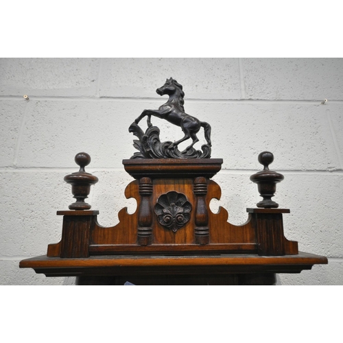 1275 - A 19TH CENTURY WALNUT CASED EIGHT DAY GUSTAV BECKER WALL CLOCK, the pediment depicting  horse, two f... 