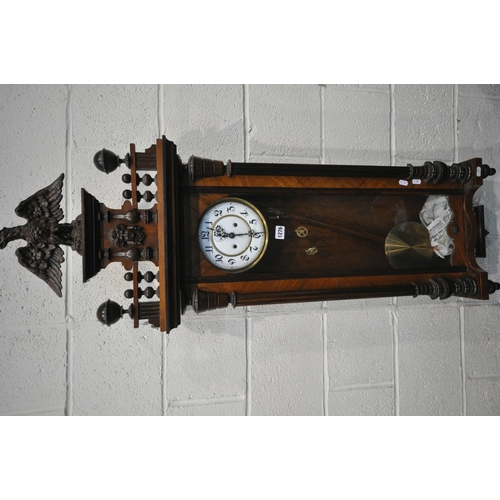 1276 - A 19TH CENTURY WALNUT CASED EIGHT DAY  GUSTAV BECKER WALL CLOCK, the pediment depicting an eagle, ab... 