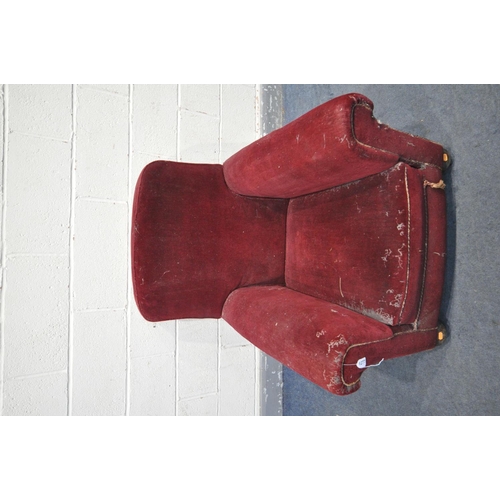 1277 - AN EDWARDIAN BURGUNDY UPHOLSTERED ARMCHAIR, on bun feet, width 87cm x depth 100cm x height 83cm (con... 