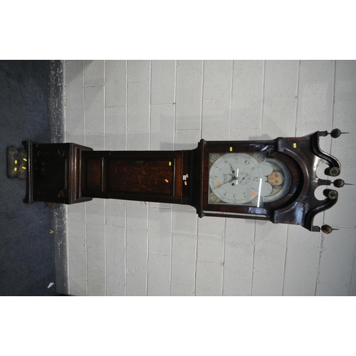 1278 - A GEORGIAN OAK CASED EIGHT DAY LONG CASE CLOCK, with a mahogany hood, three brass finials and swan n... 