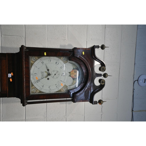 1278 - A GEORGIAN OAK CASED EIGHT DAY LONG CASE CLOCK, with a mahogany hood, three brass finials and swan n... 