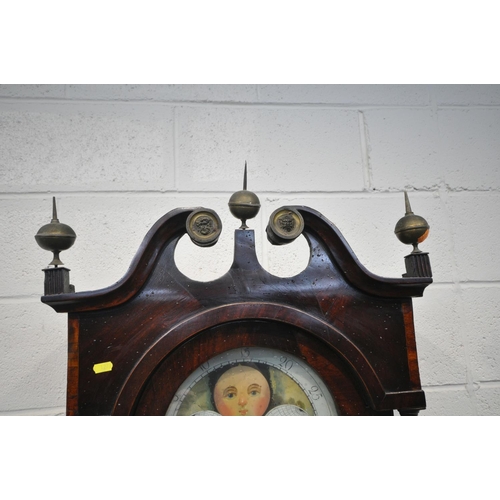 1278 - A GEORGIAN OAK CASED EIGHT DAY LONG CASE CLOCK, with a mahogany hood, three brass finials and swan n... 