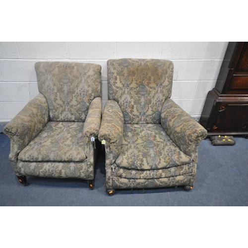 1279 - TWO EDWARDIAN ARMCHAIRS, with floral upholstery, one with front bun feet the other with square legs ... 