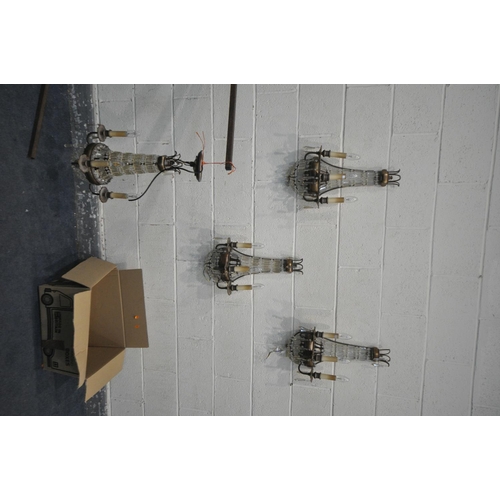 1284 - FOUR CRYSTAL AND METAL WALL LIGHTS AND ONE CENTRE LIGHT drop 66cm and four candle bulbs, wall light ... 