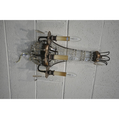 1284 - FOUR CRYSTAL AND METAL WALL LIGHTS AND ONE CENTRE LIGHT drop 66cm and four candle bulbs, wall light ... 