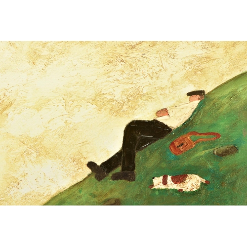 300 - GARY BUNT (BRITISH 1957) 'MAN ON A HILL', a signed limited edition print depicting a man and his dog... 