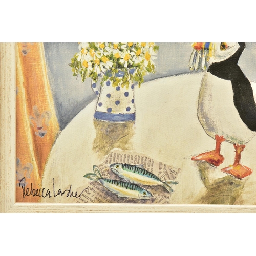 303 - REBECCA LARDNER (BRITISH 1971) 'BREAKFAST TABLE', a signed limited edition print depicting puffins a... 