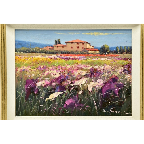 306 - BRUNO TINUCCI (ITALY 1947) 'CAMPO VIOLA III', a field of wild flowers with a farm building beyond, s... 