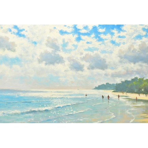 315 - JAMES D. PRESTON (BRITISH CONTEMPORARY) 'BARBADOS', a coastal landscape with figures on the beach an... 