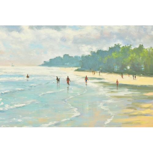 315 - JAMES D. PRESTON (BRITISH CONTEMPORARY) 'BARBADOS', a coastal landscape with figures on the beach an... 