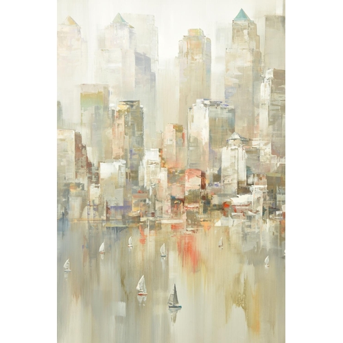 323 - WILFRED LANG (CHINESE / DUTCH 1954) 'GREY HARBOUR', a coastal cityscape with yachts under sail to th... 