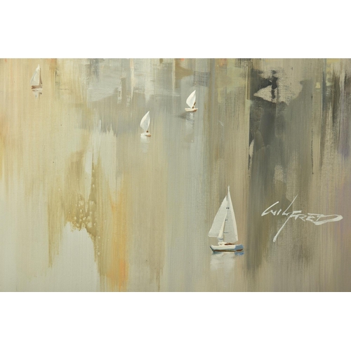 323 - WILFRED LANG (CHINESE / DUTCH 1954) 'GREY HARBOUR', a coastal cityscape with yachts under sail to th... 