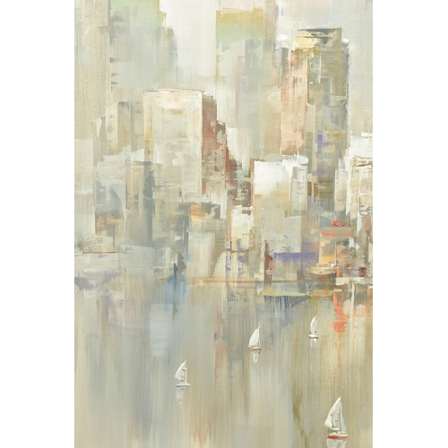 323 - WILFRED LANG (CHINESE / DUTCH 1954) 'GREY HARBOUR', a coastal cityscape with yachts under sail to th... 