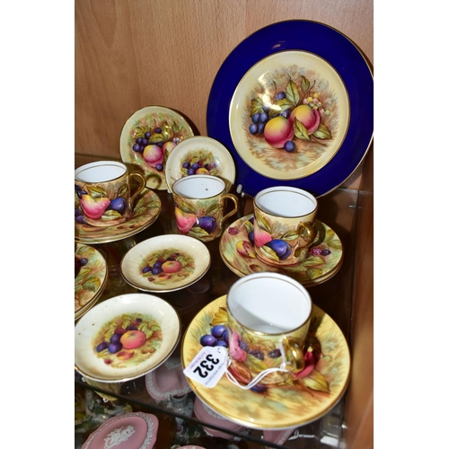 332 - A GROUP OF AYNSLEY ORCHARD GOLD COFFEE WARES, comprising a 21cm plate, five coffee cans, seven sauce... 