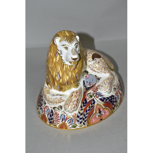 335 - A ROYAL CROWN DERBY LION PAPERWEIGHT, marked as second quality with silver stopper, height 15cm, dat... 