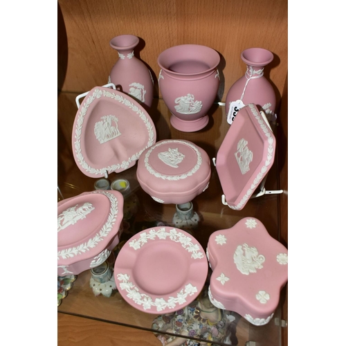 339 - A COLLECTION OF NINE PIECES OF PINK WEDGWOOD JASPERWARE, comprising three covered trinket boxes, an ... 