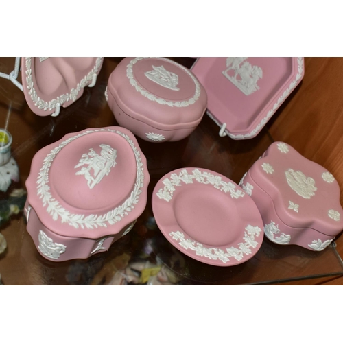 339 - A COLLECTION OF NINE PIECES OF PINK WEDGWOOD JASPERWARE, comprising three covered trinket boxes, an ... 