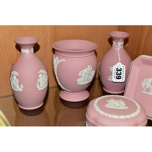 339 - A COLLECTION OF NINE PIECES OF PINK WEDGWOOD JASPERWARE, comprising three covered trinket boxes, an ... 