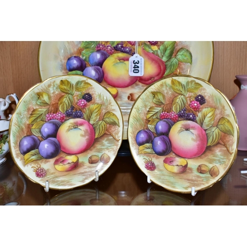 340 - THREE PIECES OF AYNSLEY FRUIT DESIGN BONE CHINA, comprising a pedestal fruit bowl bearing N. Brunt s... 