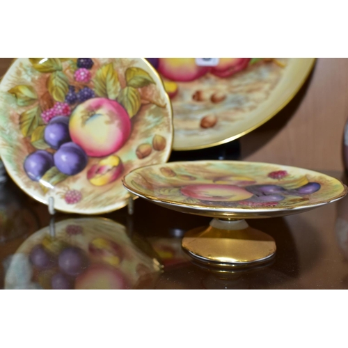 340 - THREE PIECES OF AYNSLEY FRUIT DESIGN BONE CHINA, comprising a pedestal fruit bowl bearing N. Brunt s... 