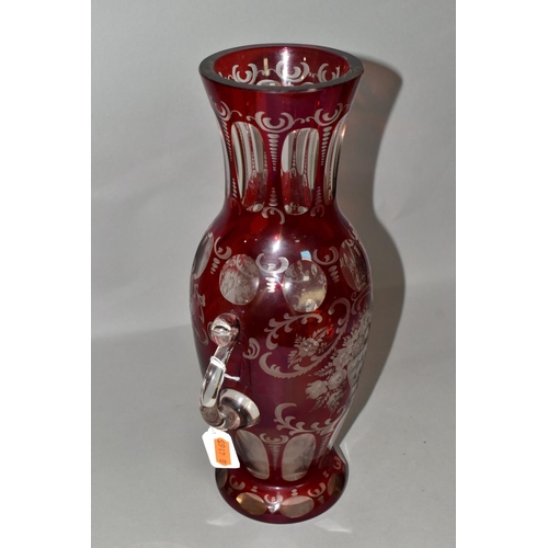 355 - A LATE 19TH CENTURY BOHEMIAN GLASS TWIN HANDLED BALUSTER VASE, ruby stained and cut to clear with fa... 