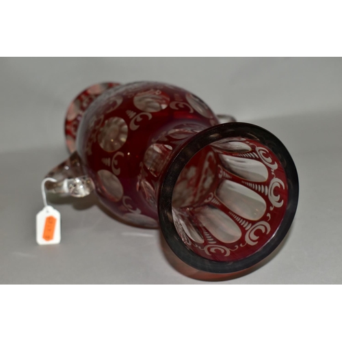 355 - A LATE 19TH CENTURY BOHEMIAN GLASS TWIN HANDLED BALUSTER VASE, ruby stained and cut to clear with fa... 