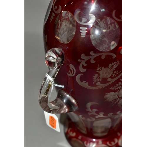 355 - A LATE 19TH CENTURY BOHEMIAN GLASS TWIN HANDLED BALUSTER VASE, ruby stained and cut to clear with fa... 