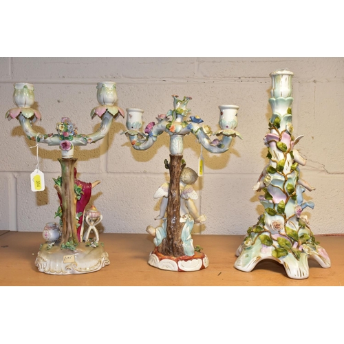 356 - THREE LATE 19TH CENTURY CONTINENTAL PORCELAIN CANDELABRUM IN NEED OF RESTORATION, comprising a Sitze... 