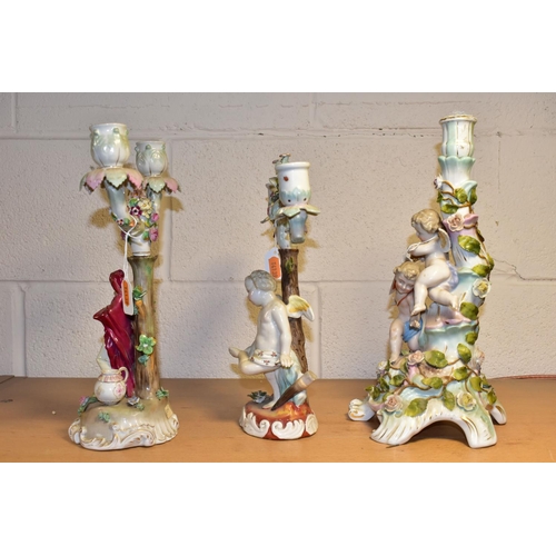 356 - THREE LATE 19TH CENTURY CONTINENTAL PORCELAIN CANDELABRUM IN NEED OF RESTORATION, comprising a Sitze... 