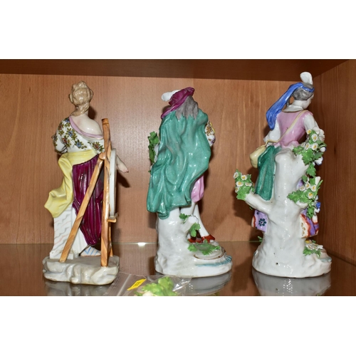 357 - THREE 19TH CENTURY CONTINENTAL PORCELAIN FIGURES, comprising a near pair of male and female musician... 