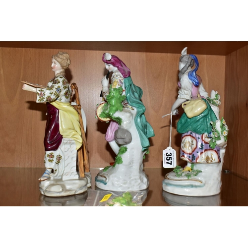 357 - THREE 19TH CENTURY CONTINENTAL PORCELAIN FIGURES, comprising a near pair of male and female musician... 