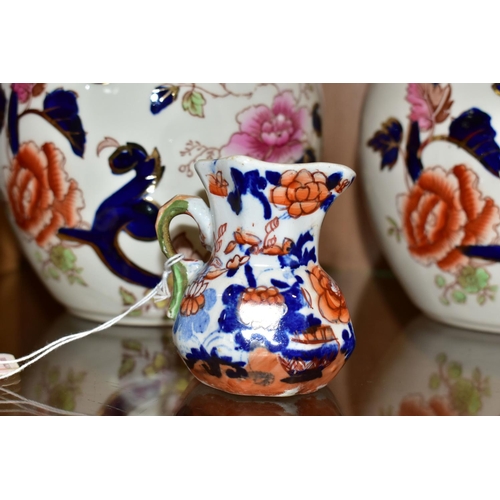 358 - FOUR PIECES OF MASONS 'MANDALAY' PATTERN IRONSTONE AND A MINIATURE MASONS IRONSTONE JUG, height 7.5c... 