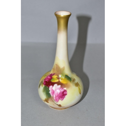 362 - A ROYAL WORCESTER BLUSH IVORY BUD VASE OF ONION FORM, hand painted with sprays of roses, shape no. 2... 