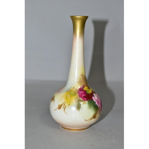 362 - A ROYAL WORCESTER BLUSH IVORY BUD VASE OF ONION FORM, hand painted with sprays of roses, shape no. 2... 