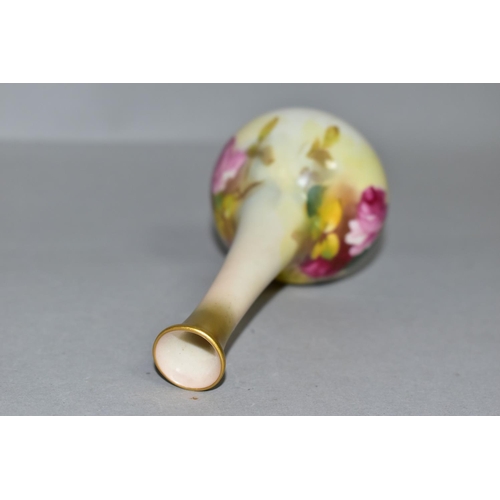 362 - A ROYAL WORCESTER BLUSH IVORY BUD VASE OF ONION FORM, hand painted with sprays of roses, shape no. 2... 