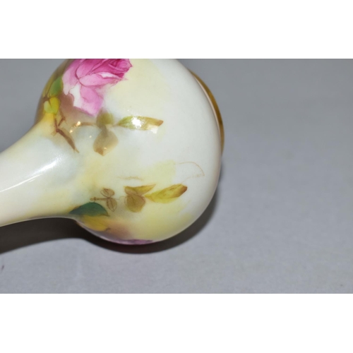 362 - A ROYAL WORCESTER BLUSH IVORY BUD VASE OF ONION FORM, hand painted with sprays of roses, shape no. 2... 