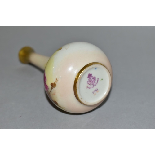 362 - A ROYAL WORCESTER BLUSH IVORY BUD VASE OF ONION FORM, hand painted with sprays of roses, shape no. 2... 